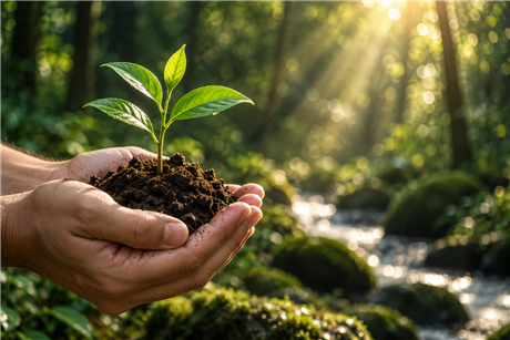 Hands holding a young green plant in rich soil