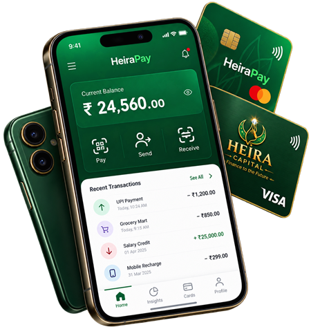 HeiraPay mobile payment app concept showing balance and payment options