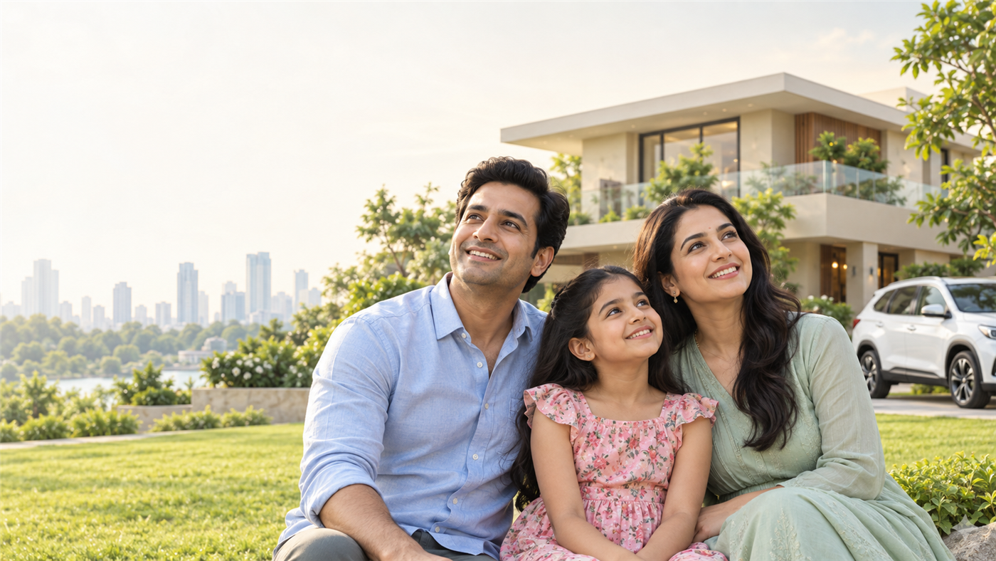 Happy Indian family in a green garden with a modern home and car