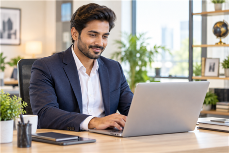 An Indian entrepreneur working at a laptop