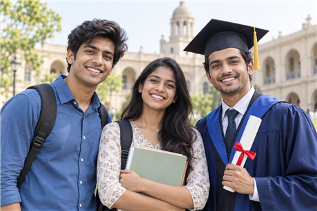 Three Indian college graduates celebrating their education